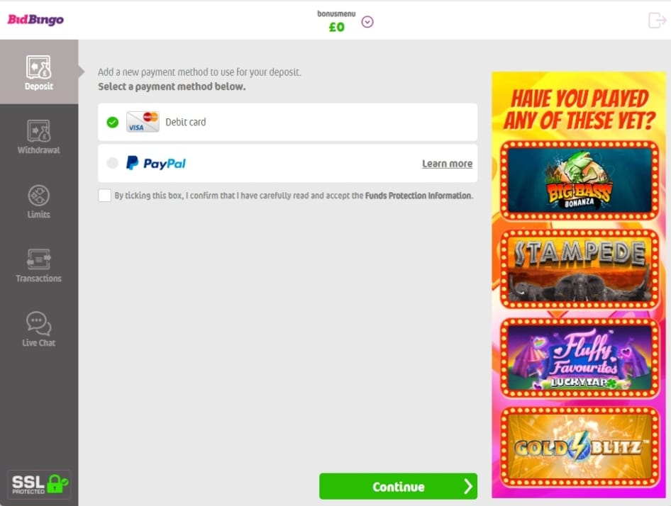The deposit page at Bid Bingo