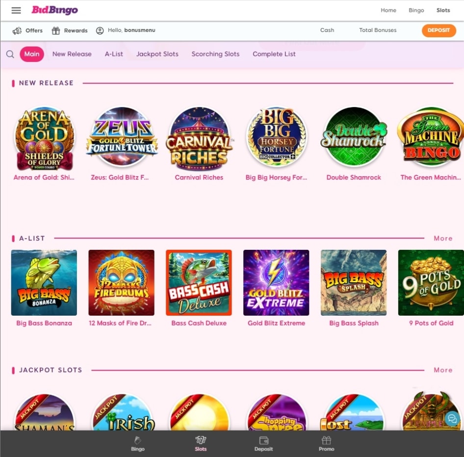 The slots page at Bid Bingo
